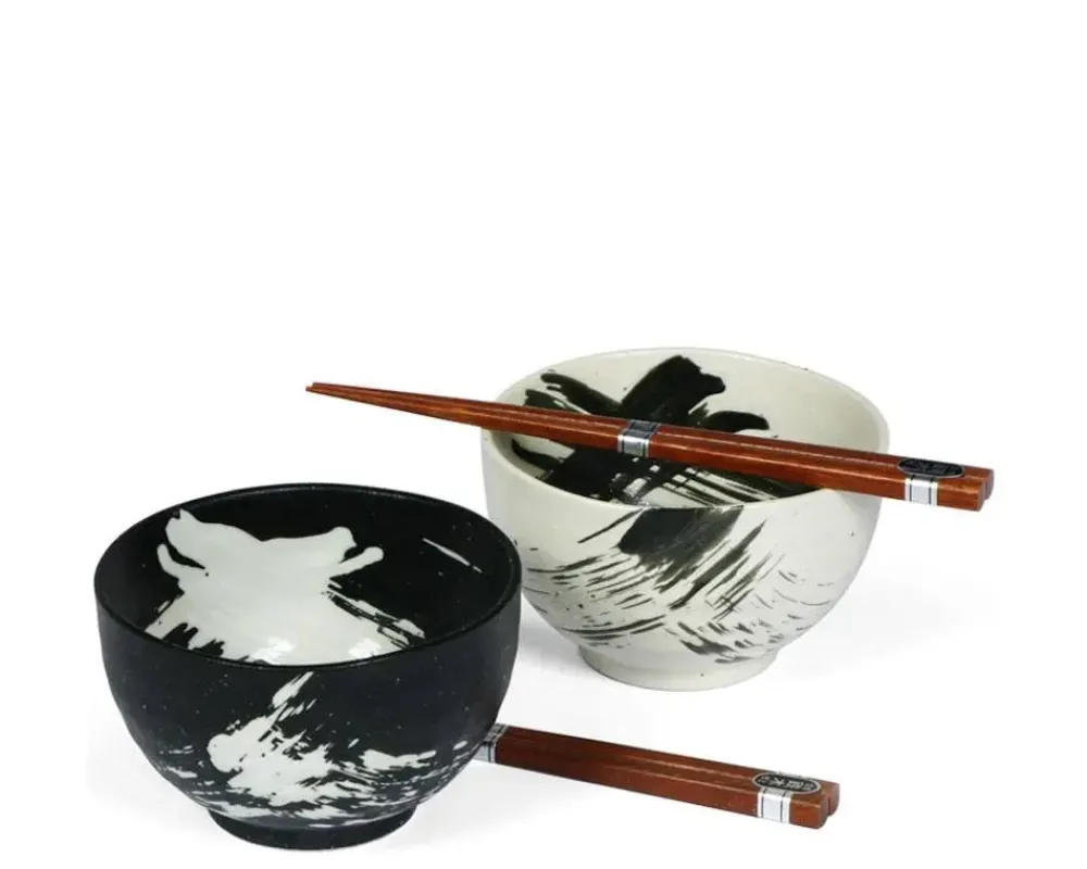 Black & White Brush Stroke 5" Bowl For Two Set^MIYA Company Cheap