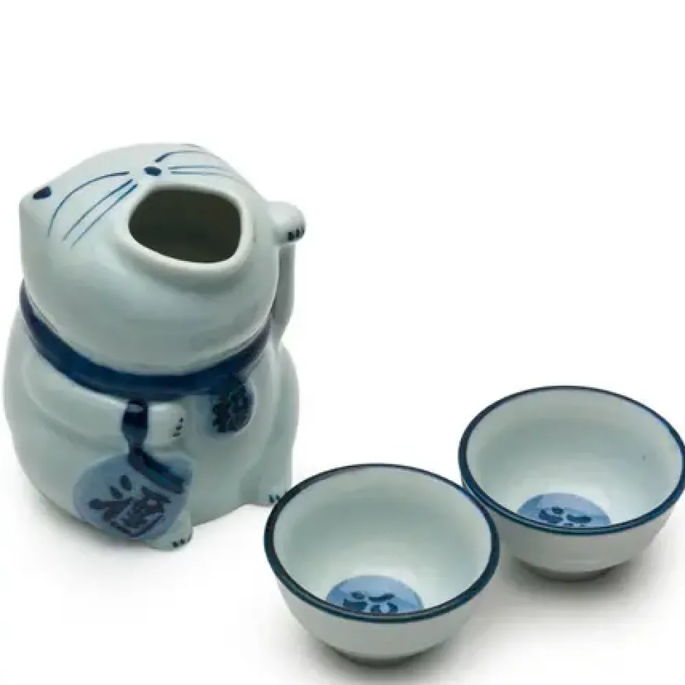 Blue & White Cat Sake Set^MIYA Company Outlet