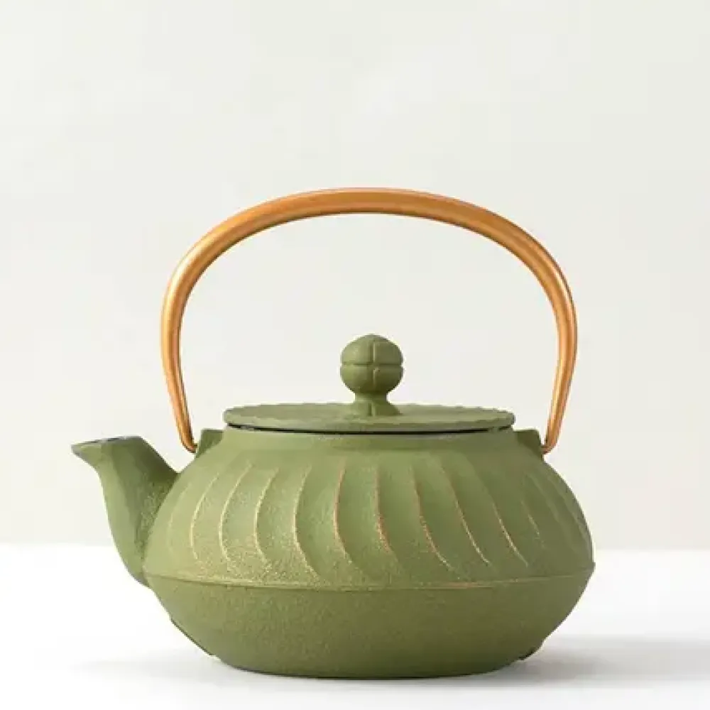 Cast Iron Teapot Olive Green Wave Gold Handle^MIYA Company New