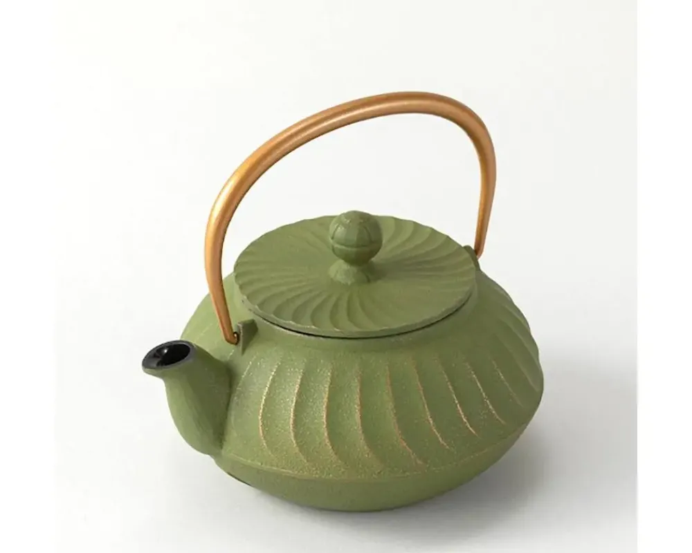 Cast Iron Teapot Olive Green Wave Gold Handle^MIYA Company New