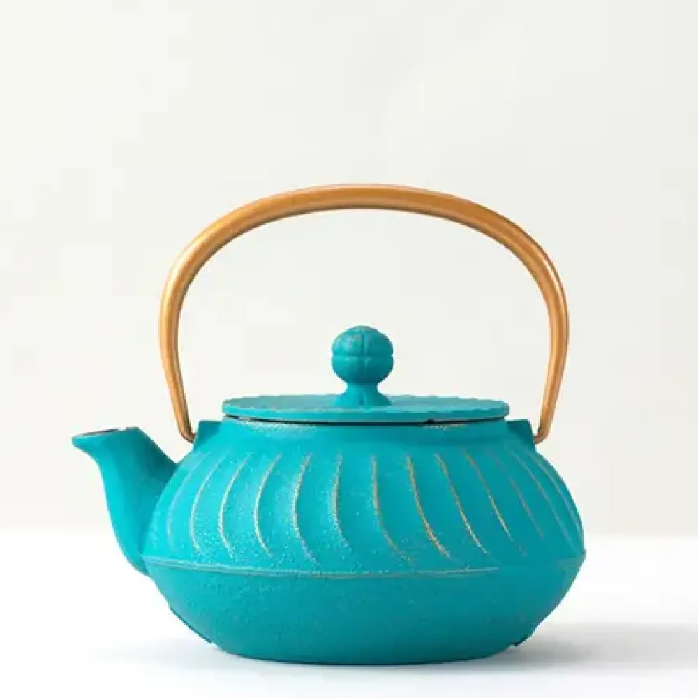 Cast Iron Teapot Teal Wave Gold Handle^MIYA Company Online