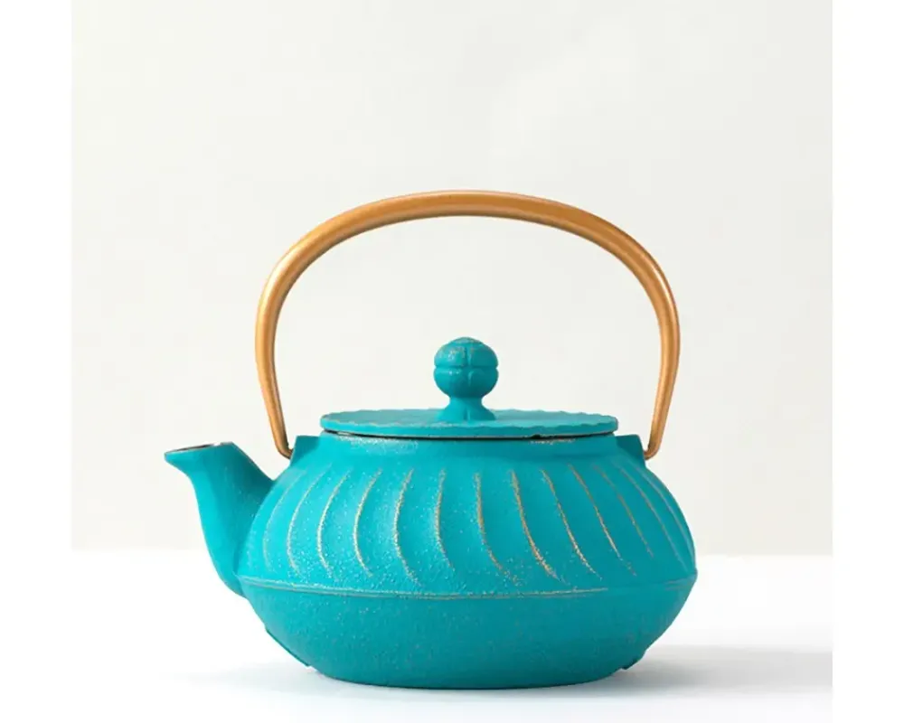 Cast Iron Teapot Teal Wave Gold Handle^MIYA Company Online