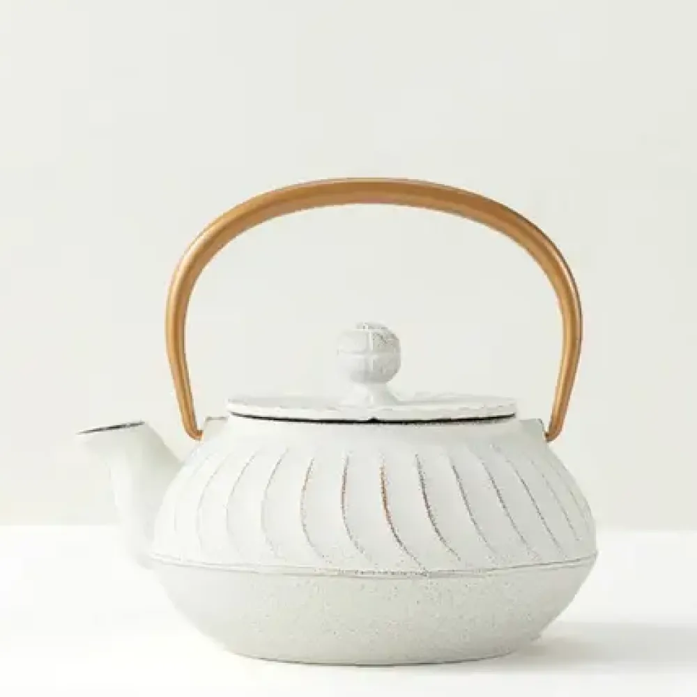 Cast Iron Teapot White Wave Gold Handle^MIYA Company Clearance