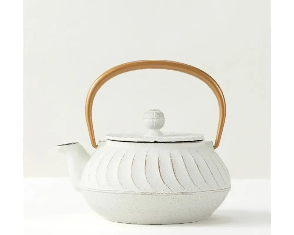 Cast Iron Teapot White Wave Gold Handle^MIYA Company Clearance